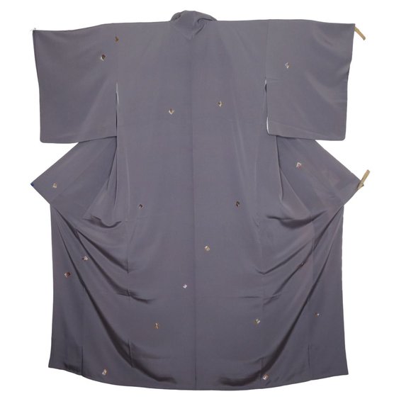 Japanese Kimono Silk Houmongi Vintage Solid Gray Embroidery 59in - Picture 2 of 10